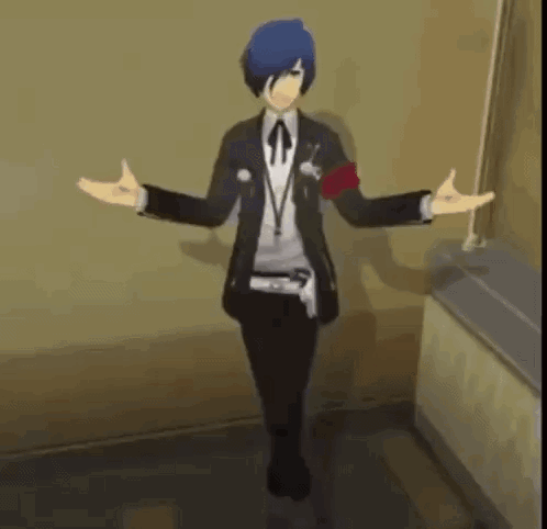 A 3D Anime Character Is Standing In A Hallway With His Arms Outstretched . GIF