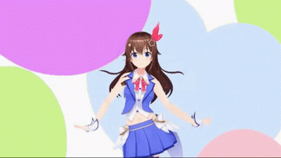 A 3D Anime Girl In A Blue Dress With A Red Bow On Her Head GIF