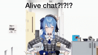 A 3D Anime Girl With Blue Hair Is Standing In A Room . GIF