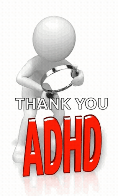 A 3D Man Holding A Magnifying Glass With The Words Thank You Adhd GIF