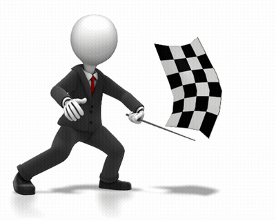 A 3D Man In A Suit And Tie Is Holding A Checkered Flag GIF