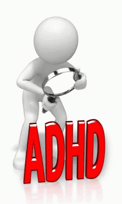 A 3D Man Is Holding A Magnifying Glass And Looking At The Word Adhd GIF