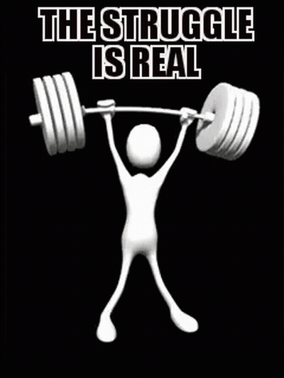 A 3D Man Is Lifting A Barbell With The Words The Struggle Is Real Written On It . GIF