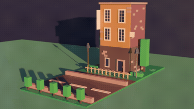 A 3D Model Of A Building With A Fence And Trees In Front Of It GIF
