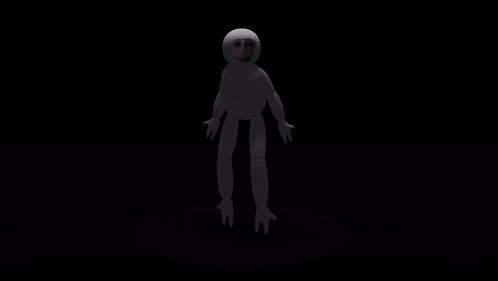 A 3D Model Of A Cartoon Character Is Standing In A Dark Room . GIF