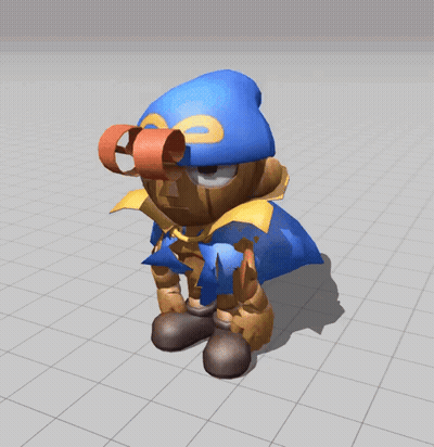 A 3D Model Of A Cartoon Character With A Blue Hat And A Yellow Cape GIF