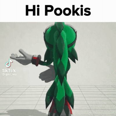 A 3D Model Of A Cartoon Character With The Words Hi Pookis Above It GIF