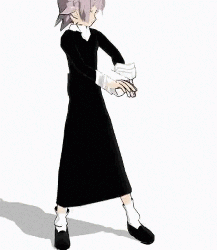 A 3D Model Of A Girl In A Black Dress And White Shirt Is Standing On One Leg . GIF