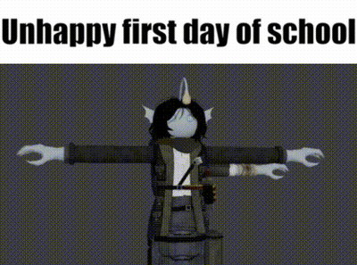 A 3D Model Of A Person With The Words `` Unhappy First Day Of School '' On The Bottom . GIF