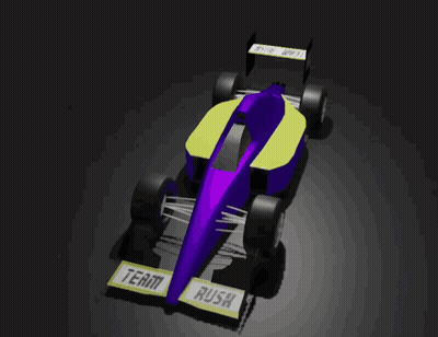 A 3D Model Of A Purple And Yellow Race Car With The Word Rusk On The Side GIF