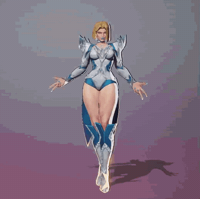 A 3D Model Of A Woman In A White And Blue Outfit GIF