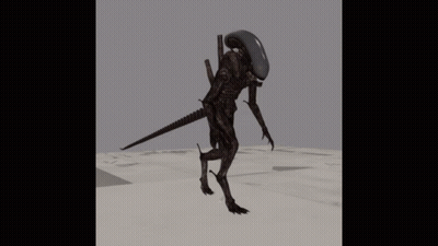 A 3D Model Of An Alien Walking On A Gray Surface GIF