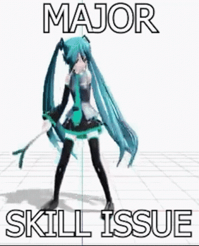 A 3D Model Of Hatsune Miku Dancing With The Words `` Major Skill Issue '' Written On It . GIF