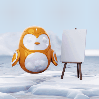A 3D Rendering Of A Penguin Standing Next To A Board With A Red Line On It GIF