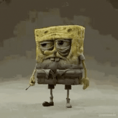 A 3D Rendering Of A Spongebob Squarepants Character With A Mustache Holding A Sword . GIF