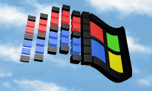 A 3D Rendering Of A Windows Logo Flying Through A Blue Sky GIF
