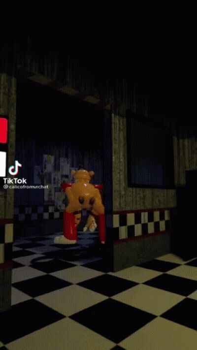 A 3D Rendering Of Five Nights At Freddy 'S With A Yellow Teddy Bear And A Checkered Floor . GIF