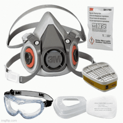 A 3M Face Mask With Goggles And A Bag Of Wipes GIF
