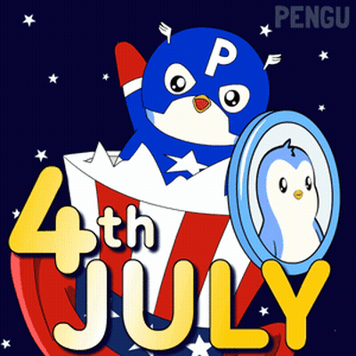 A 4Th Of July Poster With A Penguin In Captain America 'S Cape GIF