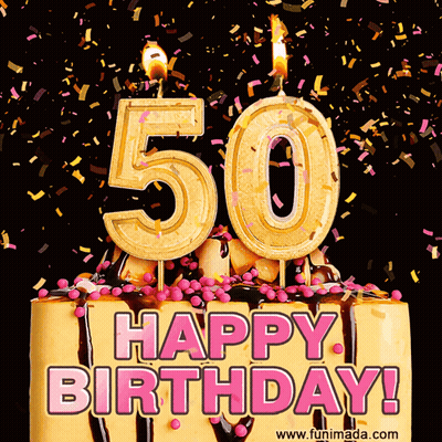 A 50Th Birthday Cake With Candles And Confetti On It GIF