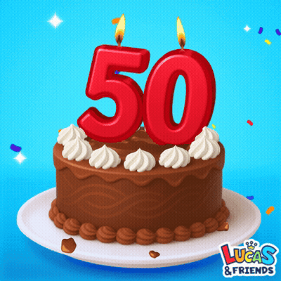 A 50Th Birthday Cake With Lucas & Friends Written On The Bottom GIF