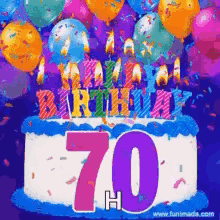 A 70Th Birthday Cake With Balloons And Confetti On It GIF