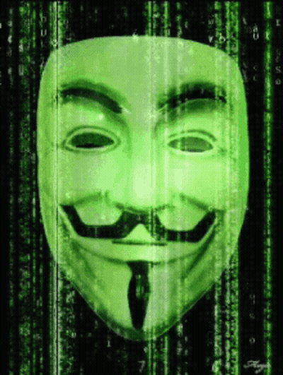 A Anonymous Mask With A Mustache Is Against A Green Matrix Background GIF