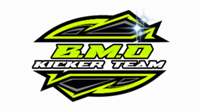 A B.m.d Kicker Team Logo With A Red Arrow Around It GIF