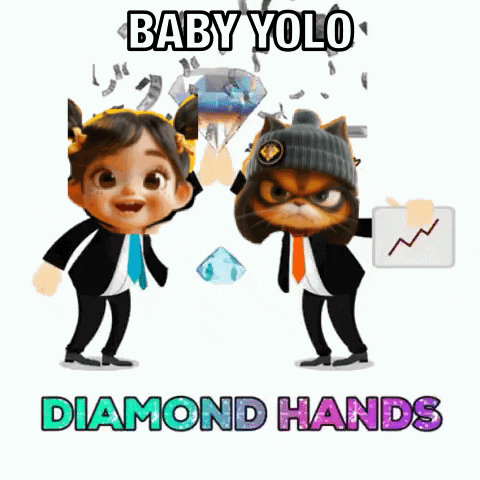 A Baby And A Cat Holding Up A Diamond With The Words Baby Yolo Diamond Hands GIF