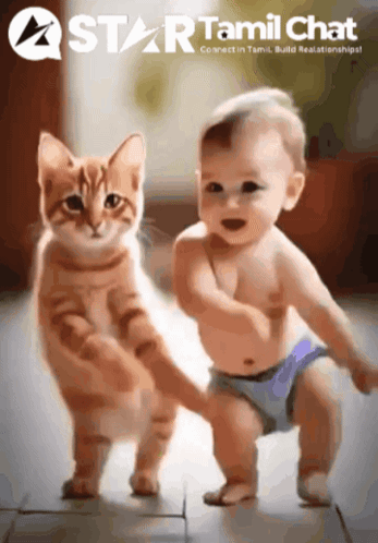 A Baby And A Cat Standing Next To Each Other With A Star Tamil Chat Logo Above Them GIF
