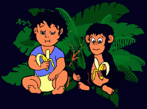 A Baby And A Chimpanzee Are Eating Bananas GIF