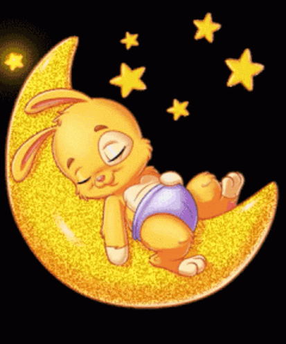 A Baby Bunny Is Sleeping On A Crescent Moon With Stars In The Background GIF