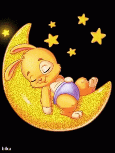 A Baby Bunny Is Sleeping On A Crescent Moon With Stars In The Background GIF