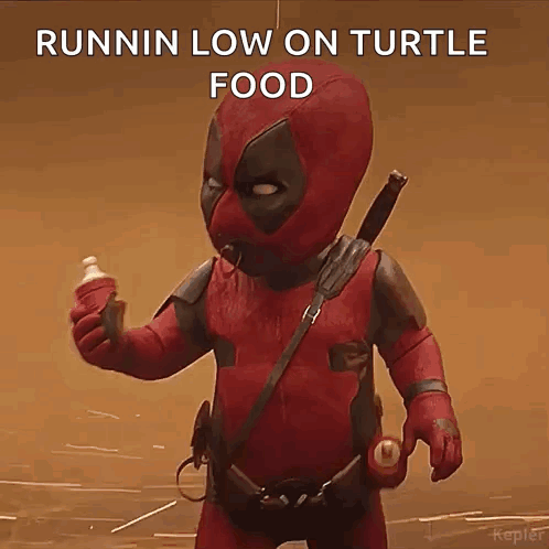 A Baby Deadpool Holding A Bottle Of Milk And A Sword . GIF
