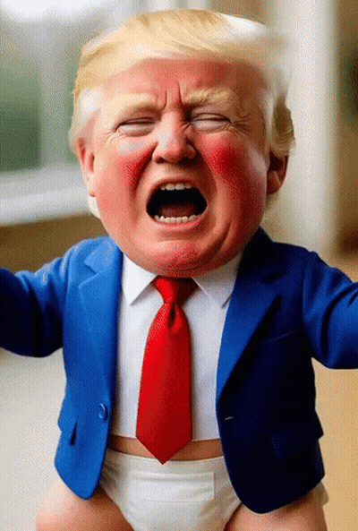 A Baby Dressed As Donald Trump Is Crying With His Mouth Open GIF