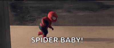 A Baby Dressed In A Spider Man Costume Says Spider Baby ! GIF
