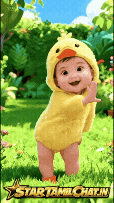 A Baby Dressed In A Yellow Duck Costume Is Walking In A Garden GIF