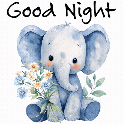 A Baby Elephant With Flowers And The Words Good Night GIF