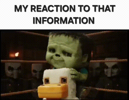 A Baby Frankenstein Is Holding A Toy Chicken In A Boxing Ring And Says `` My Reaction To That Information '' . GIF
