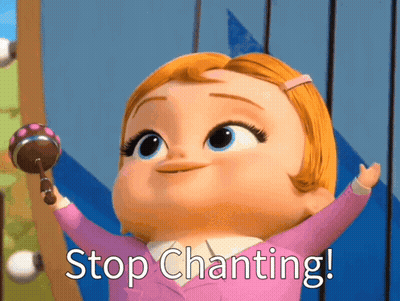 A Baby Girl Holding A Rattle With The Words Stop Chanting Below Her GIF