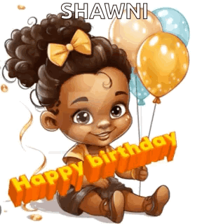 A Baby Girl Is Holding Balloons And A Sign That Says Happy Birthday . GIF