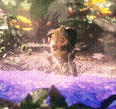 A Baby Groot From Guardians Of The Galaxy Is Swimming In A Pool Of Water GIF