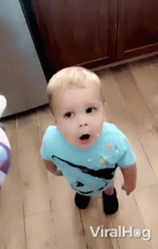 A Baby In A Blue Shirt Is Standing On A Wooden Floor And Looking At The Camera . GIF