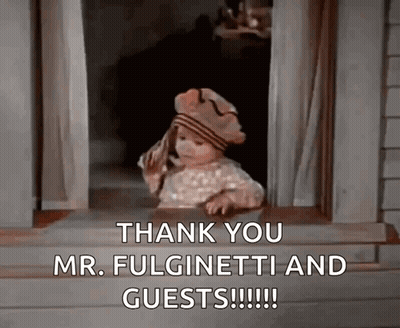 A Baby In A Hat Is Looking Out A Window And Says Thank You Mr. Fulginetti And Guests !!! GIF