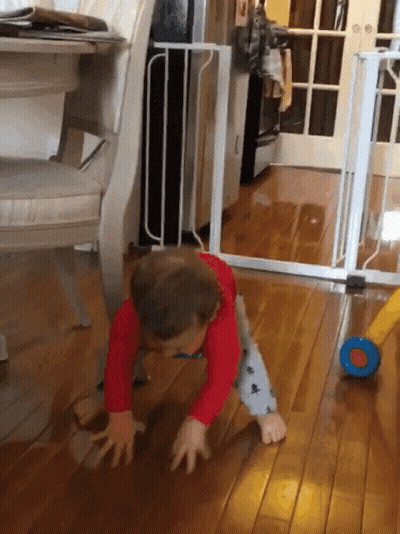 A Baby In A Red Shirt Is Crawling On The Floor In Front Of A White Gate GIF
