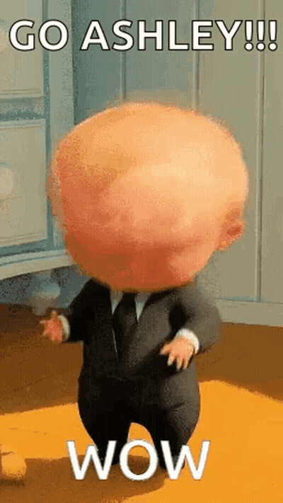 A Baby In A Suit And Tie Is Dancing In A Room With A Big Head . GIF