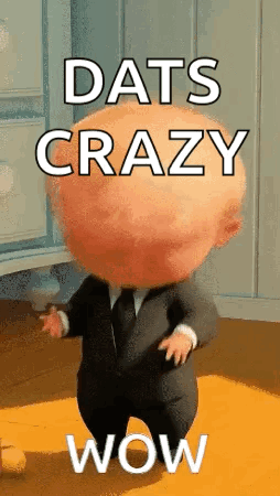 A Baby In A Suit And Tie Is Dancing In A Room With The Words `` Dats Crazy Wow '' . GIF