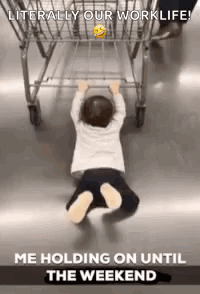 A Baby Is Crawling Out Of A Shopping Cart With A Caption That Says `` Literally Our Worklife ! `` GIF