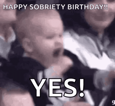 A Baby Is Crying In A Crowd With The Words `` Happy Sobriety Birthday ! '' GIF