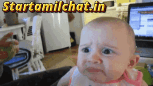 A Baby Is Crying In Front Of A Sign That Says Starttamilchat In GIF